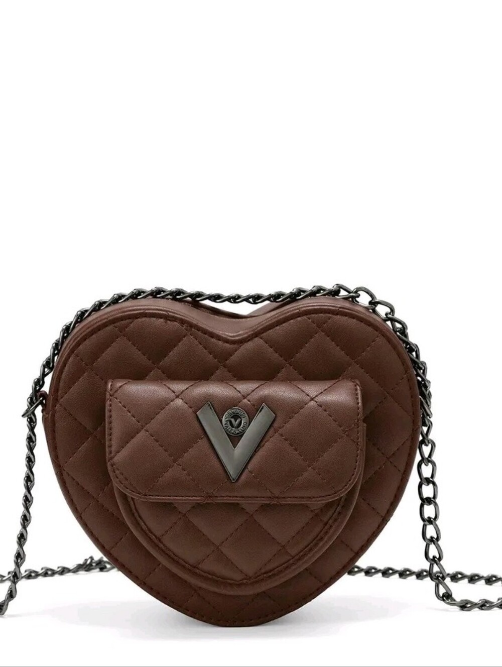 H-101 Valentino Orlandi Brown Quilted Heart Crossbody With Gunmetal Chain